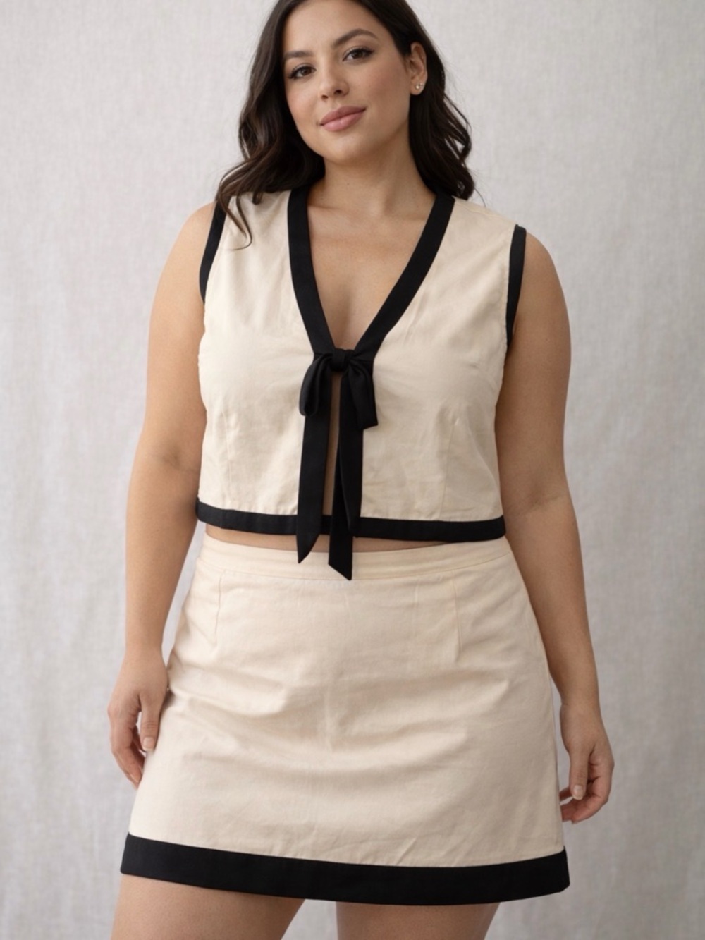 Monteau Linen Blend 2Pc Skirt Set Cream Black Trim M NWT(A533)